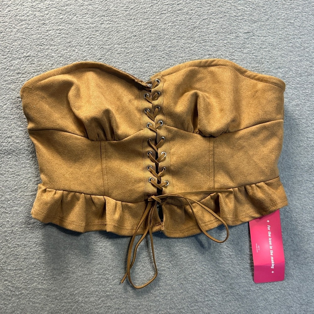SHEIN ICON Faux Suede Lace Up Corset Bustier Crop Top Womens L Brown Ruffle Hem